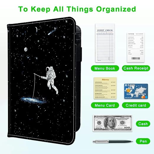 Server Books for Waitress, with 7 Large Pockets, Waiter Serving Book, Waitstaff Server Order Pads, Cute PU Leather Server Book with Pen Holder Fit Server Apron, Spaceman - Image 5