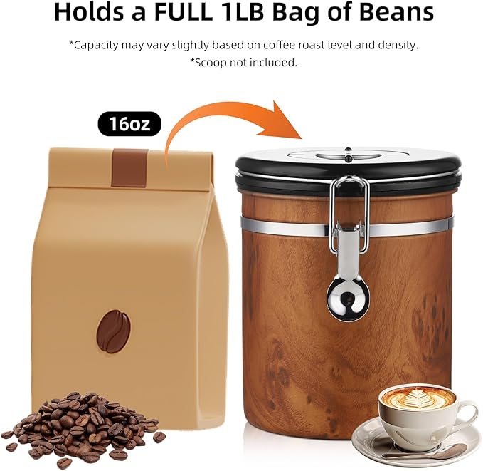 Bincoo Airtight Coffee Canister with Date Tracker - Holds a Full 1LB Bag of Beans Stainless Steel Container(1.5L), One-Way Valve & Easy-Lock Lid for Coffee Beans, Tea, Sugar Storage