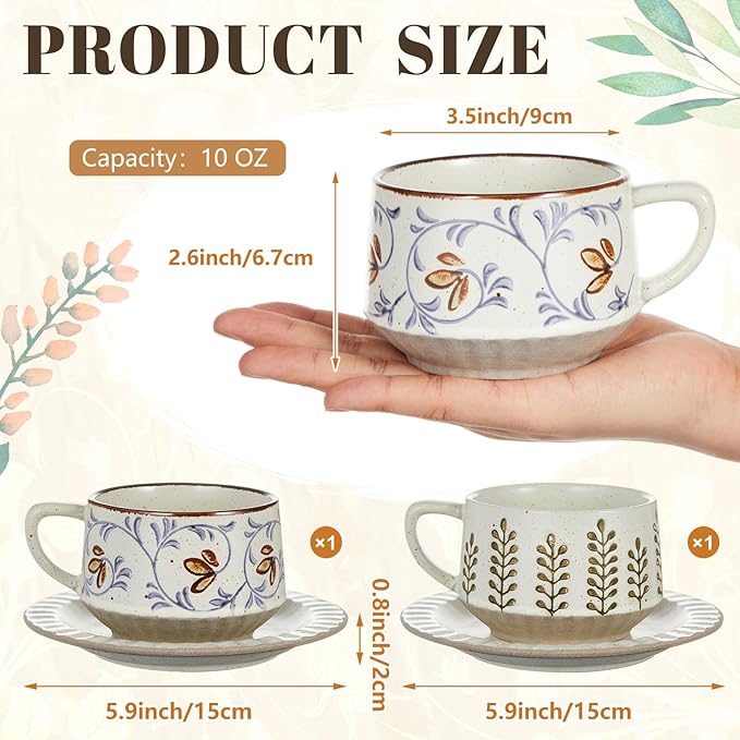 LemonRoad 2 Sets Vintage Tea Cup and Saucer Set Floral Tea Cup with Saucer 10oz Porcelain Vintage Coffee Mugs for Spring Party Birthday Gift Coffee (Leaves and Tang Grass Design)