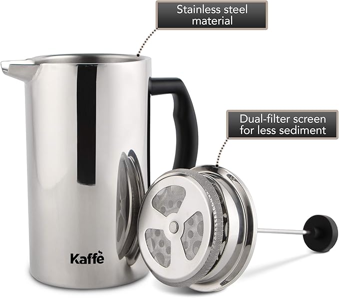 Kaffe Stainless Steel French Press Coffee Maker (27oz / 0.8L) - Double-Wall Insulated Coffee Press - Travel & Camping - Homemade French Press Coffee