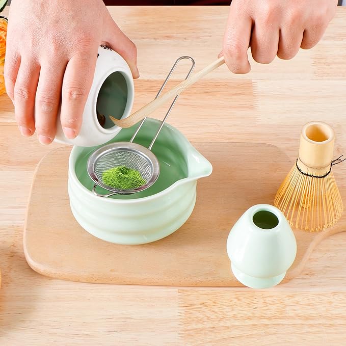 Matcha Whisk Set, 5 Pcs Matcha Set Whisk and Bowl with Spout, Matcha Whisk Holder, Matcha Spoon, Stainless Sifter, Perfect Matcha Kit for Matcha Lover (Green)