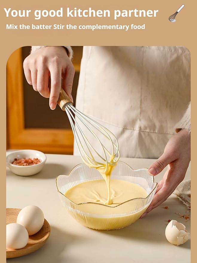10.5" Stainless Whisk with Wood Handle - Head with Wood Handle - Whisk for Pancake Batter, Eggs and Egg, Cake Mix, Blending, Gravy and Sauces (Whisks)