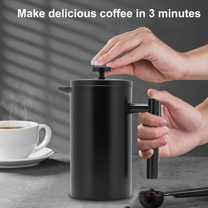Enfmay 350ml French Press Coffee Maker, 304 Stainless Steel Double Wall Insulated Coffee Maker Pot, Triple Filtration System for Optimal Brew, Ideal for Home, Office, Camping (Black, 12 oz)