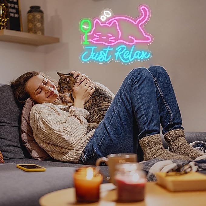 Cat Beer Neon Sign, Just Relax Neon Signs for Wall Decor, USB Dimmable Pink Cat Bar Light Up Sign for Pet Lover Bedroom Bar Birthday Party Game Room Man Cave Home Decor