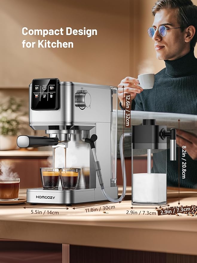 20 Bar Espresso Machine, Hot & Cold Brew Coffee Maker with Milk Frother, Touch Screen, Compact Water Tank, Expresso Coffee Machines for Lattes, Cappuccinos, Americano, Home & Office (Silver)