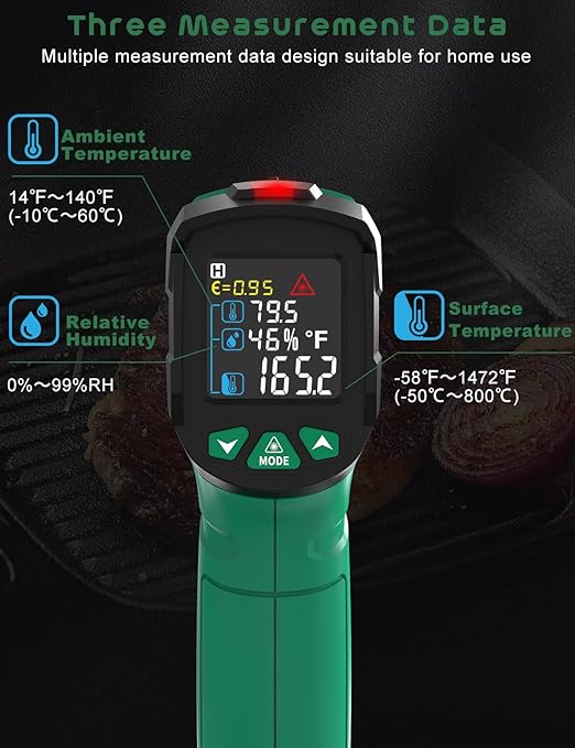 Infrared Thermometer Gun,SQECH Laser Thermometer Gun -58℉～1472℉(-50℃～800℃),Temperature Gun with Ambient Temperature&Humidity/Adjustable Emissivity/Color Backlight for Cooking, Oven,Engine,HVAC