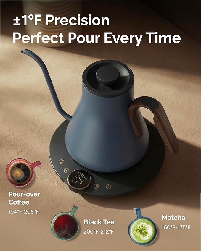 Gooseneck Electric Kettle, ±1℉ Temperature Control, Stainless Steel Inner, Quick Heating, for Pour Over Coffee, Brew Tea, Boil Hot Water, 0.9L (Navy Blue)