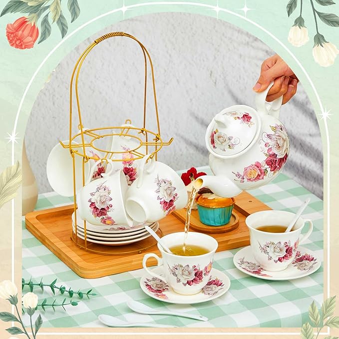 Zhehao 20 Pcs Porcelain Tea Set with Metal Holder and Spoon Adult Ceramic Tea Set European Flower Painting Teapot Cup Saucer Spoon for Women, Large Version(Grace Style)