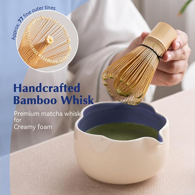 Matcha Set, 8Pcs Floral Ceramic Matcha Kit with Matcha Whisk, Holder, Scoop, Scoop Rest, Sifter, Spoon and Tea Towel - Thoughtful Matcha Whisk Set Gift for Matcha Lovers (Beige & Blue)