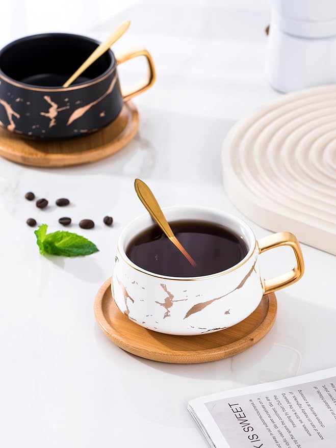 Jusalpha 10 oz Luxury Golden Hand Print Teacup Coffee Cup with Bamboo Saucer Set TCS19 (2 Sets, White)