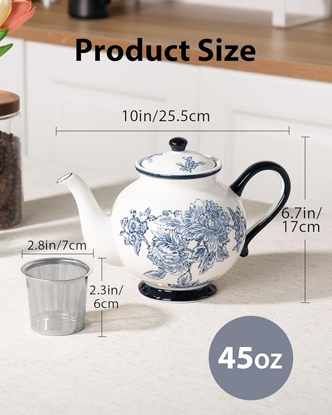 45 Ounce Tea Pot with Infuser, Ceramic Blue and White Teapot, Flowers and Branches