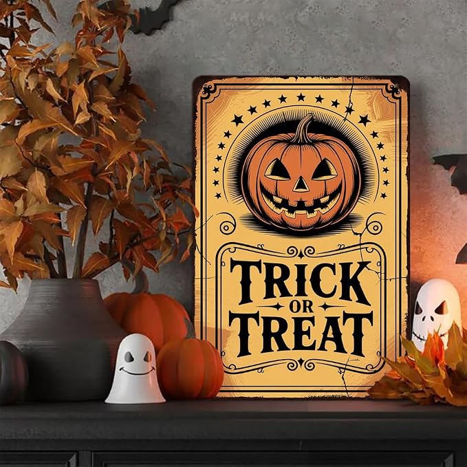 Vintage ''Trick or Treat'' Metal Sign - 8x12 Inch, Spooky Pumpkin Ghost Art Sign For Porch, Pubs, Cafe, Garage Decor, Halloween Party Accessories, Halloween Decor - Image 7