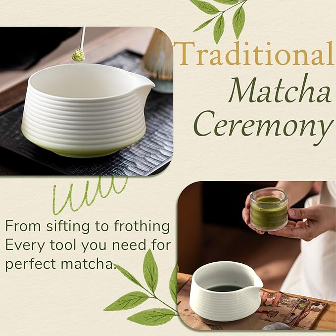 8 Pcs Matcha Whisk Set Chasen Matcha Whisk Bamboo Bowl with Spout Sifter Spoon Scoop Whisk Holder Bamboo Mat Complete Matcha Making Kit (Green)