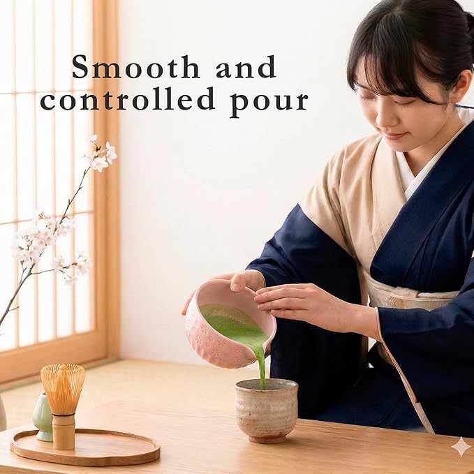 Matcha Whisk Set, Ceramic & Pink Matcha Set with Bowl, Bamboo Whisk, Scoop, Strainer, Scoop Rest, Holder, Cloth + Instruction Handbook – Traditional Japanese Tea Ceremony Kit
