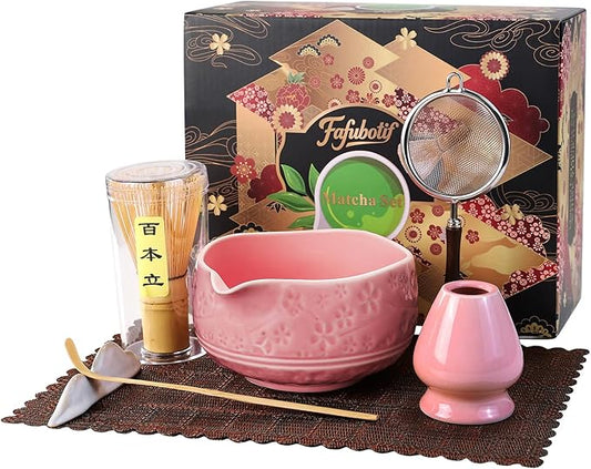 7 Pcs Matcha Whisk Set, Ceremony Matcha Kit with Matcha Bowl, Bamboo Whisk and Holder, Scoop and Scoop Rest, Sifter and Tea Towel, Gift for Matcha Lovers (Pink/Cherry Blossom-Patterned)