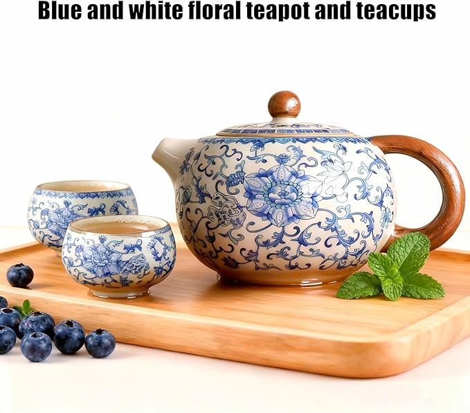 Floral Tea Pot & Tea Cup Set, Classic Blue and White Porcelain, Ice Crack Glaze, Chinese Kungfu Teapot and Teacups Set, Gift Box Packaging