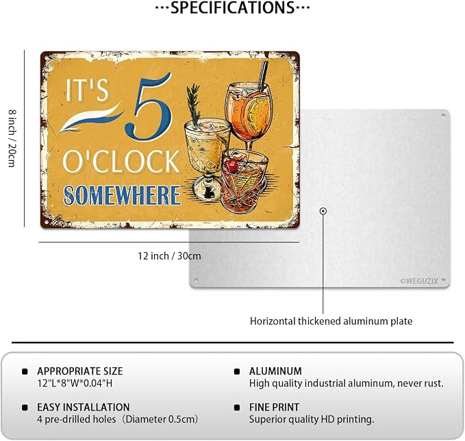 Vintage Metal Signs Wall Decor It's 5 O'clock Somewhere Retro Sign for Outdoor Indoor Home Beach Garden Tub Bar Farmhouse Cafe Gate Fence Decorations 12X8 Inch Aluminium Hanging Plaque - Image 2