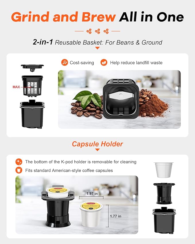 Single Serve Coffee Maker with Built-in Grinder, Fast Brew 6-16oz Single Cup for Whole Beans, Grounds, K-Cup, Grind and Brew Coffee Maker with 47oz Water Tank, Descaling Alert, Black