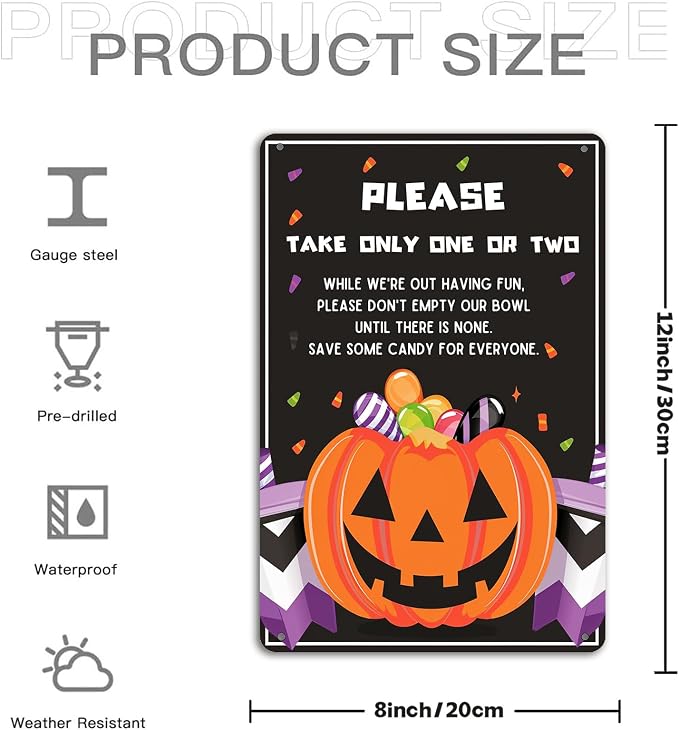 KanaAt Trick or Treat Please Take Only One or Two Tin Sign Halloween Candy Vintage Decor for Home Kitchen Cafe Bar Porch Yard Front Door Party Decor 8x12 inch, diany-m90 - Image 2