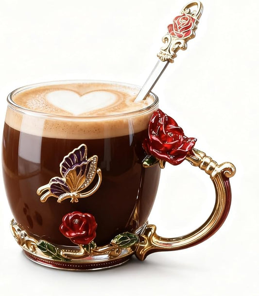 Stocking Stuffers For Women Mom Perfect Christmas Valentines Day Gifts Glass Enamel Coffee Tea Mug Birthday Presents For Her Girlfriend Wife From Daughter Son (Rose Red Coffee Cup, 11 OZ)