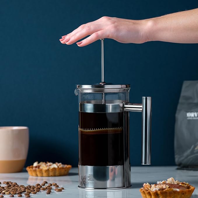 34 oz French Press Coffee Maker - Borosilicate Glass, Coffee Brewer, Stainless Steel Plunger, Tea Press for loose Tea, Heat Resistant, Silver