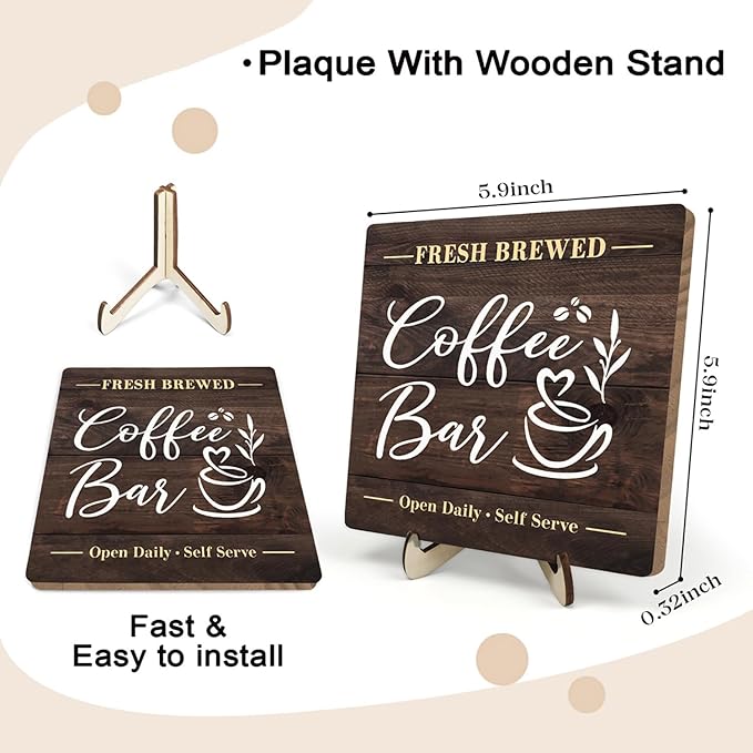 Coffee Bar Sign Plaque, Rustic Wooden Tabletop Plaque with Stand, Vintage Farmhouse Café Counter Sign for Kitchen Coffee Station, Fresh Brewed Mini Bar Decor 5.9x5.9inch
