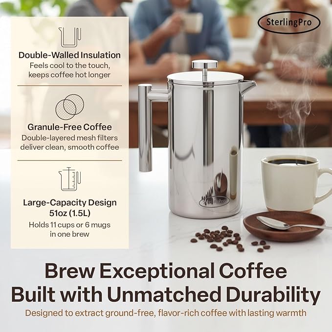 Stainless Steel French Press Coffee Maker 1.5 L (51 oz) Mirror – Double Walled Insulated Large Coffee Press, Durable Design Keeps Drinks Hot, Easy to Use and Clean for Rich Flavor Brewing
