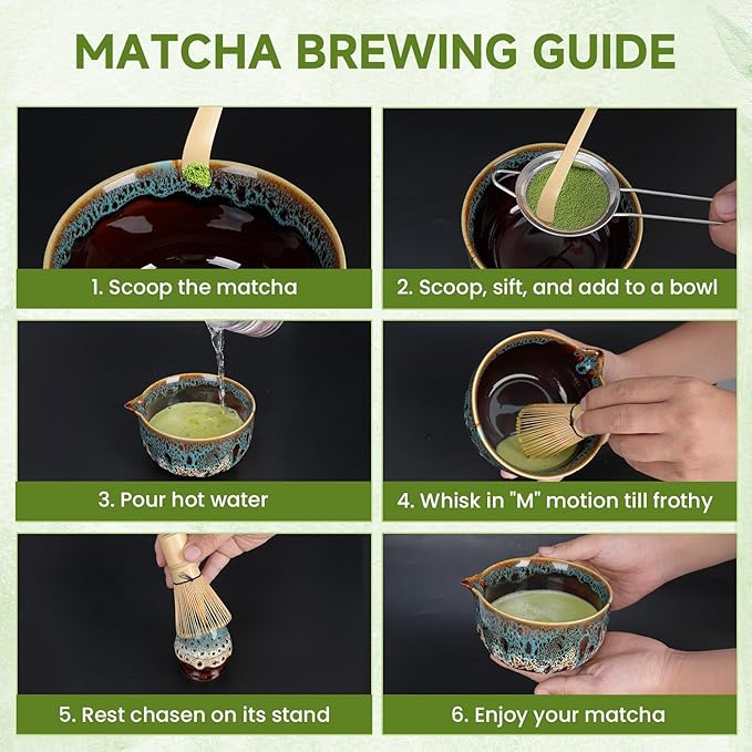 7-Pcs Matcha Whisk Set, Ceramic Matcha Set, Includes Matcha Bowl, Matcha Whisk, Chasen Holder, Bamboo Scoop, Scoop Rest, Stainless Sifter, Tea Towel, Matcha Kit for Matcha Tea Ceremony