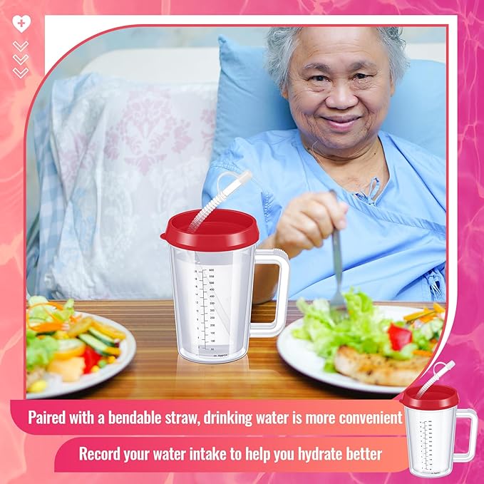 4 Pcs 20 oz Hospital Water Cup with Straw and Lid Insulated Double Walled Elderly Water Bottle Hospital Carafe Mug with Handle Graduated Plastic Drinking Sippy Cup for Adult(Red)