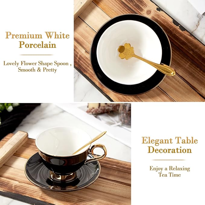 DUJUST Porcelain Tea Cup and Saucer Set with Spoon - Luxury Black British Style Modern Tea Set with Golden Trim, for Room Decoration & Tea Party - Black