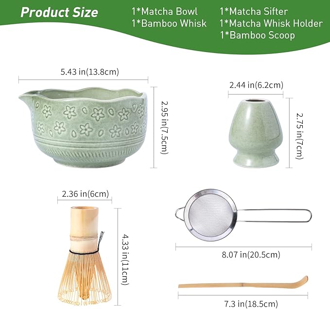 Matcha Whisk Set,5 Pcs Matcha Kit includes 18OZ Ceramic Bowl with Spout,Bamboo Whisk,Holder,Bamboo Scoop, Stainless Sifter for Matcha Lovers or Beginners