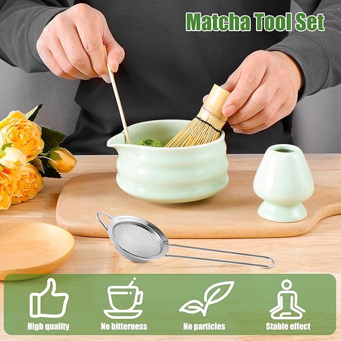 Matcha Whisk Set, 5 Pcs Matcha Set Whisk and Bowl with Spout, Matcha Whisk Holder, Matcha Spoon, Stainless Sifter, Perfect Matcha Kit for Matcha Lover (Green)