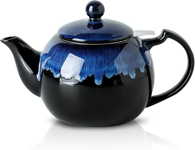 KOOV Tea Pot with Infuser for Loose Tea, 34OZ Ceramic Teapot with Infuser, Enough For 6 Cups, Tea Pots with Tea Strainers for Tea Party, Reactive Glaze (Nebula Blue)