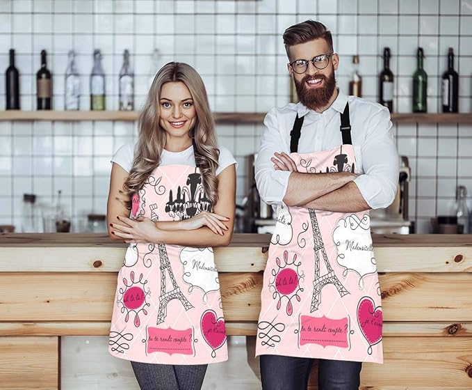 Wondertify Doodle Frames in French Style Apron,Paris Glamorous Eiffel Tower Lovely Element Pink Bib Apron with Adjustable Neck for Men Women,Suitable for Kitchen Cooking Chef Grill Bistro Baking Apron