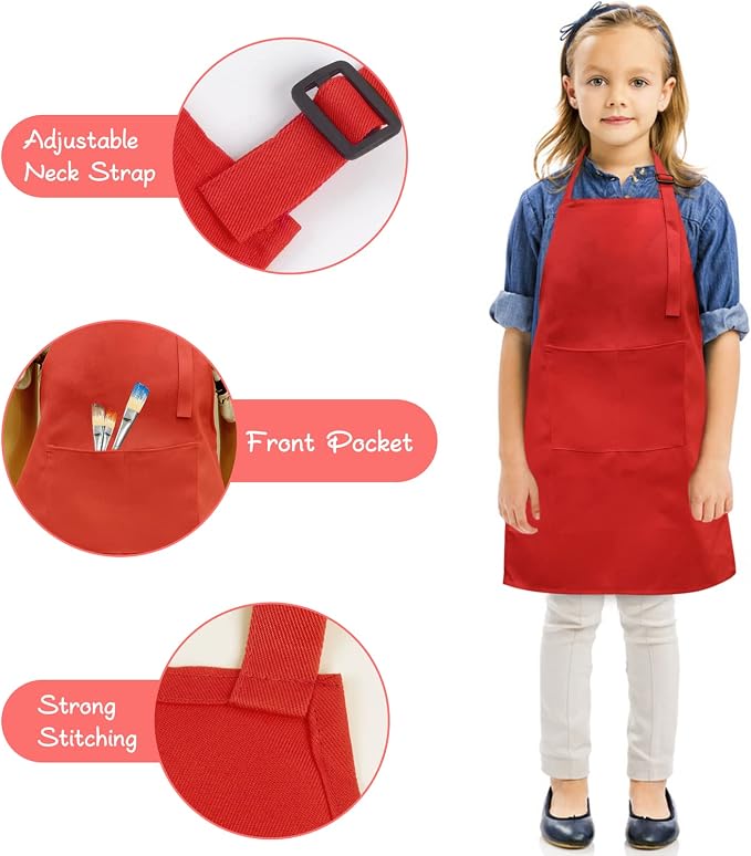 SINLAND Kids Aprons with Large Pocket 2 Pack | Adjustable Cooking Chef Aprons,Stain Resistant Toddler Apron for Baking Painting Gardening Boys Girls - Image 2