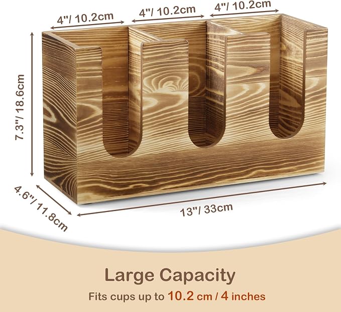 Wooden Coffee Cup and Lid Organizer for Countertop, 3 Compartments Cup Holder Dispenser, Fits 16–24 oz Disposable Cups, Coffee Bar Cup Organizer, Breakroom Kitchen Counter Cup Holder - Image 3