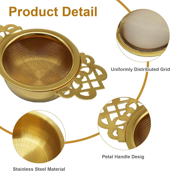 2 Pcs Tea Strainer Bowl, Stainless Steel Loose Leaf Tea Filter for Easy Brewing and Cleaning, Design Fits Most Standard Cups (Gold)