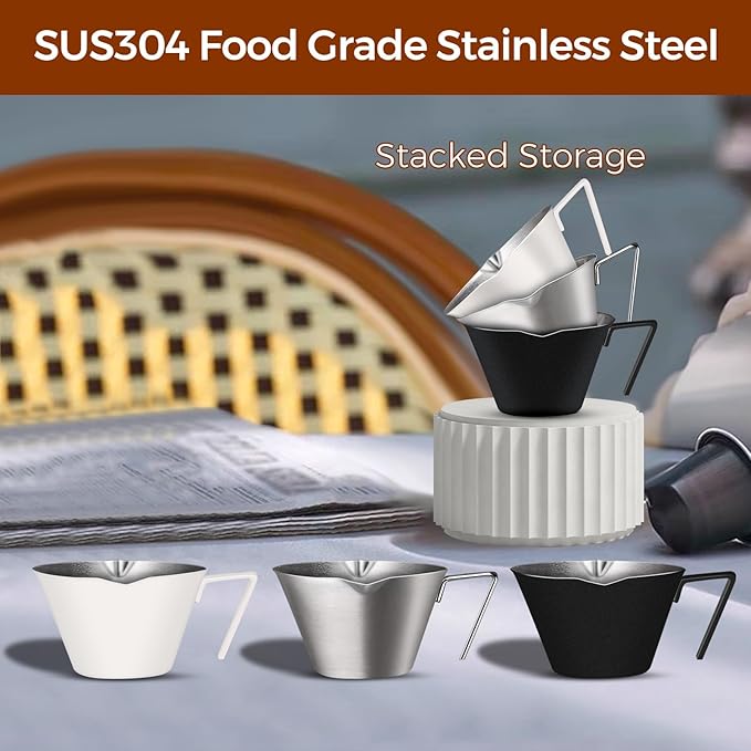 10Pcs Stainless Steel Espresso Cups, Double Spout Metal Espresso Measuring Cup with Handle, Dual Scale Espresso Shot Cup with V-Shaped Mouth, 3.4oz/100ml (Silver)