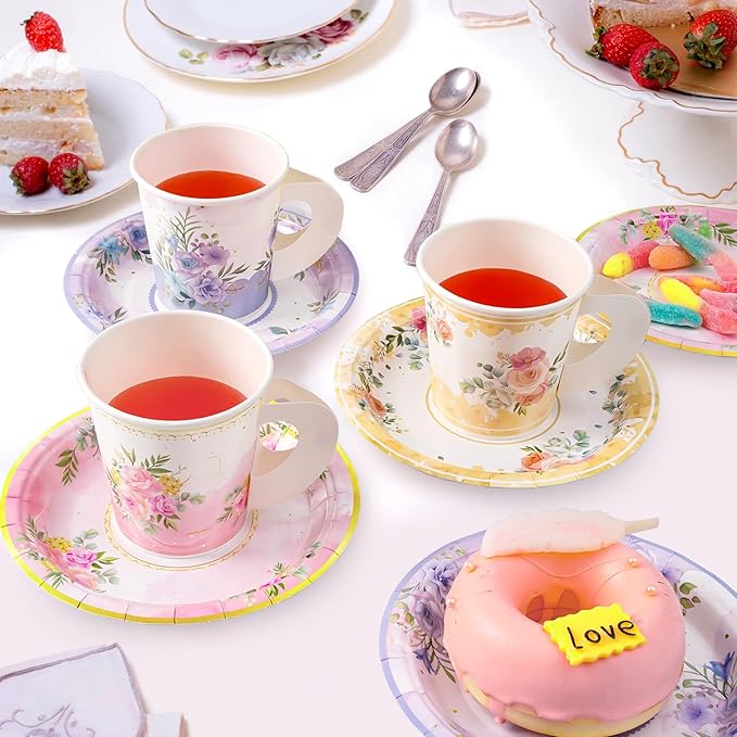 HOMIX 24 Paper Tea Cups and Plates, 7 OZ Disposable Paper Teacups and Saucer Sets for Hot and Cold Drinks for Birthday, Princess, Floral, Tea Party Decorations