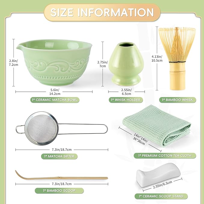 7-Pcs Matcha Whisk Set, Matcha Kit Set Includes Bowl With Spout, 100% Natural Bamboo Whisk, Japanese Ceremony Matcha Tea Making Tools - Ideal Gift Christmas, Birthday（Lucky Green）