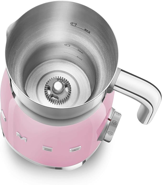 SMEG Retro 50's Style Milk Frother with 2 Disks 6 Preset Programs Hot or Cold Frothing and Induction Heating (Pink)