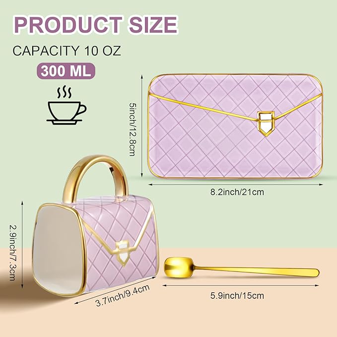 Zubebe 1 Set Coffee Mug Elegant Handbag Shaped Cup Mother's Day Modern Ceramic Purse Mug with Spoon and Saucer, 10oz Cute Creative Tea Cup for Woman Girls Gift (Purple)