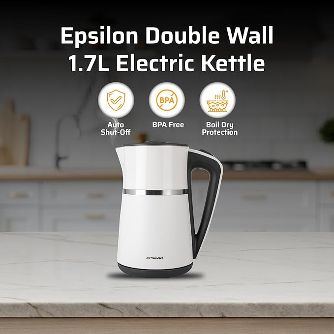 Epsilon Double Wall Electric Kettle 1100W – 1.7L Hot Water Tea Kettle & Hot Water Boiler with Auto Shut-Off, Boil Dry Protection, BPA-Free Stainless Steel Electric Teapot, Fast Boil, Cool Touch Design