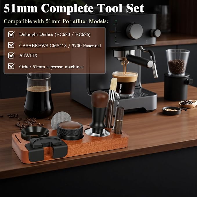 8 PCS Espresso Accessories Kit, 51mm Espresso Tamper Kit Coffee Tamper Set with Coffee Distributor, Espresso Tamping Station, WDT Tool, Dosing Funnel, Fits Delonghi 51mm Portafilter - Image 2