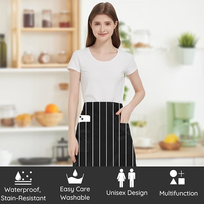 3 Pack Waist Apron with 3 Pockets, Unisex Black Waiter Aprons, Water Resistant Server Aprons for Restaurant Chef Bar - Image 2