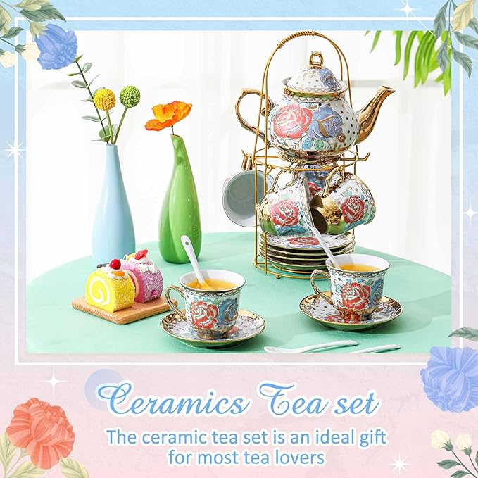 Zhehao 20 Pcs Porcelain Tea Set with Metal Holder and Spoon Adult Ceramic Tea Set European Flower Painting Teapot Cup Saucer Spoon for Women, Large Version(Romantic Style)