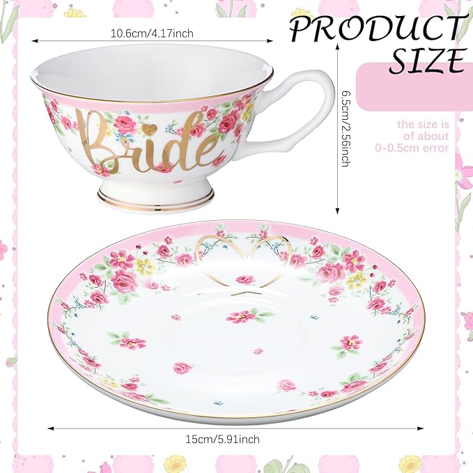 Rtteri Bride Teacup and Saucer Set 7oz Bridal Shower Teacup Porcelain Ceramic Tea Cups for Bridal Shower Tea Party Wedding Decor Victorian Elegant Coffee(Pink,Floral)