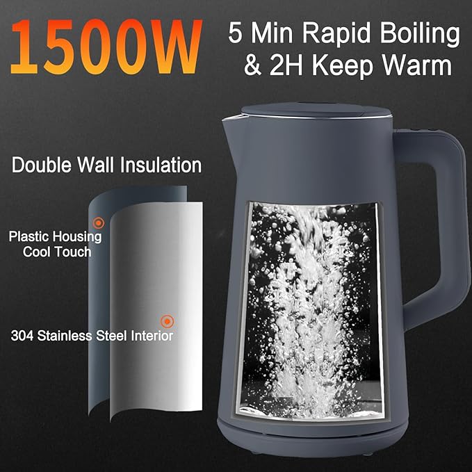 1.5L Electric Kettle Stainless Steel, Double Wall Cool Touch Teapot, Fast Boil,5 Temperature Control, LED Display, Auto Shut-Off, BPA-Free,Keep Warm Function, Ideal for Tea & Coffee (Gray)