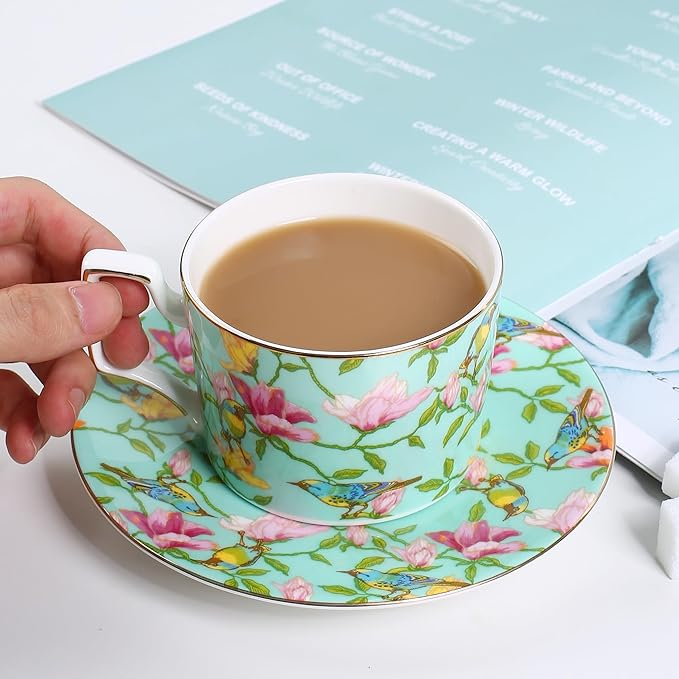 Vintage 8 Ounces Teacup and Saucers Set Floral Tea Cups Set Bone China TeaCups Coffee Tea Cup for Tea Party Women Mom (Green)