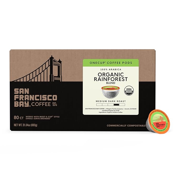 San Francisco Bay Compostable Coffee Pods - Organic Rainforest Blend (80 Ct) K Cup Compatible including Keurig 2.0, Medium Dark Roast